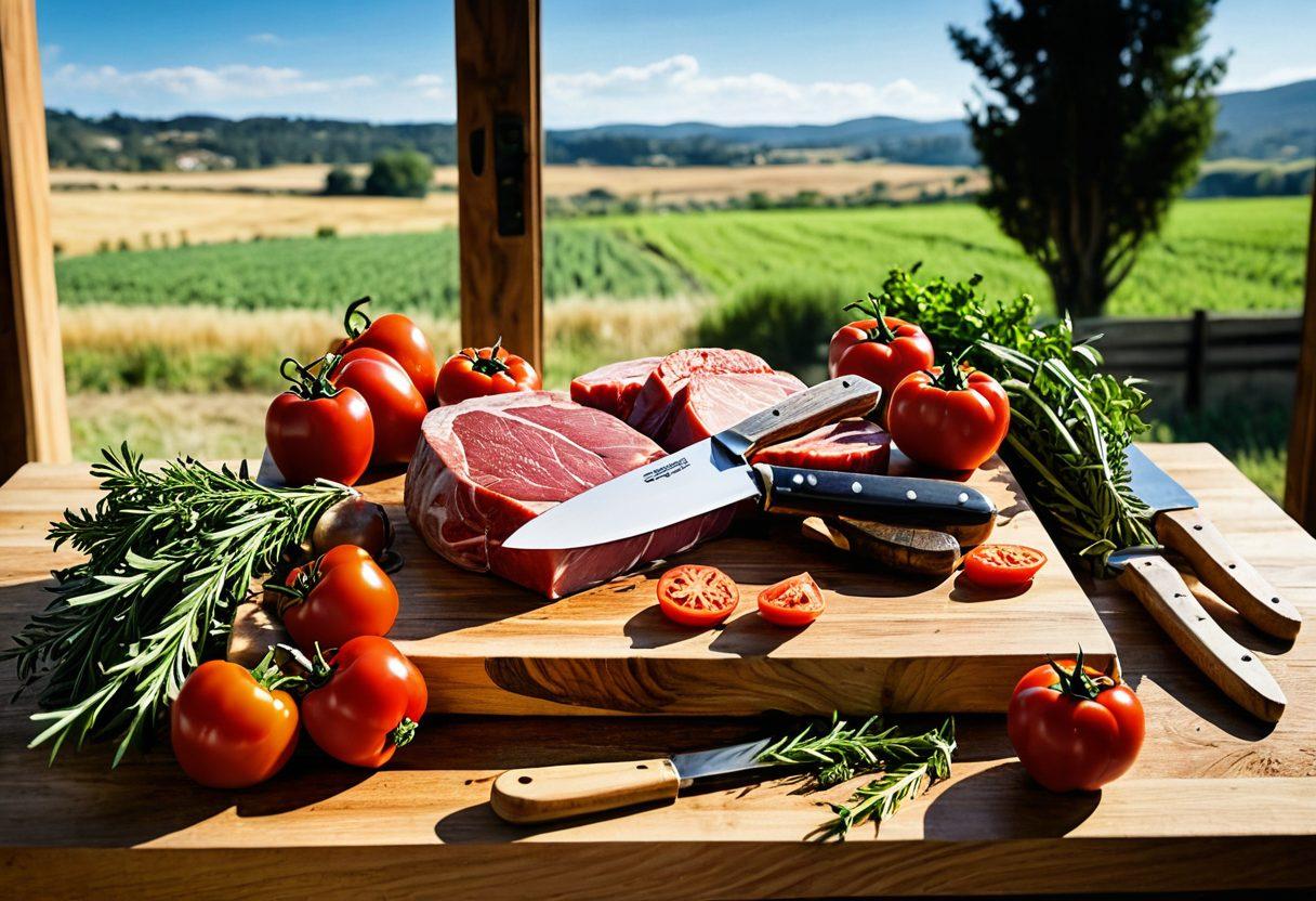 A rustic wooden butcher block dominated by fresh, organic cuts of meat, surrounded by vibrant seasonal vegetables and herbs. In the background, a serene farm scene with lush green fields and a clear blue sky, symbolizing the journey from farm to table. Include artisanal butchery tools elegantly arranged, showcasing mastery and craftsmanship. warm, inviting colors. realistic details. natural lighting.