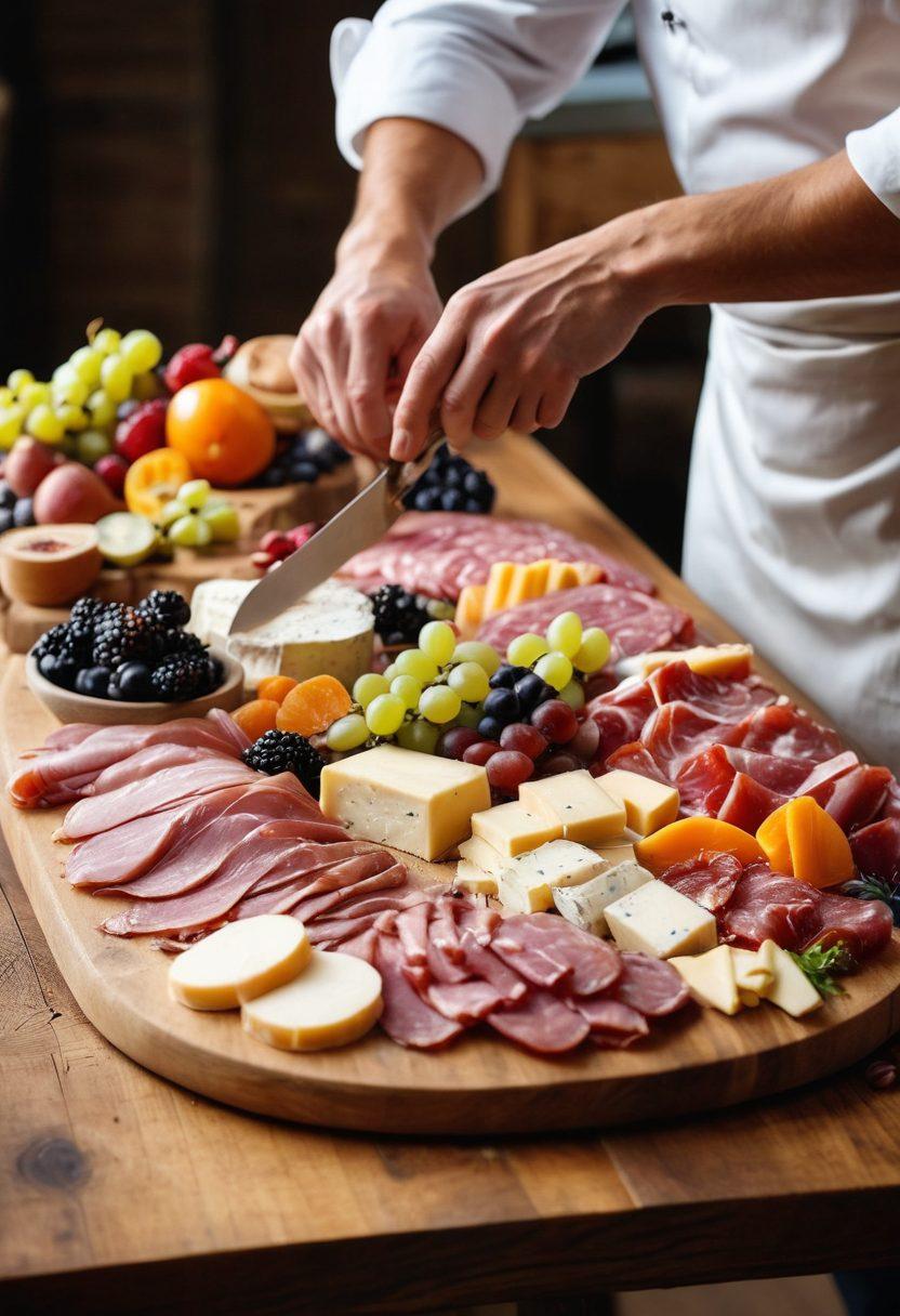 A beautifully arranged charcuterie board featuring an assortment of artisanal cheeses, cured meats, and fresh fruits, placed on a rustic wooden table. In the background, an expert butcher, dressed in an apron, demonstrates precise knife skills while slicing meat with a gleaming chef's knife. Soft natural lighting enhances the scene, creating an inviting atmosphere for culinary enthusiasts. The overall composition conveys mastery and artistry in food preparation. super-realistic. warm tones. rustic style.