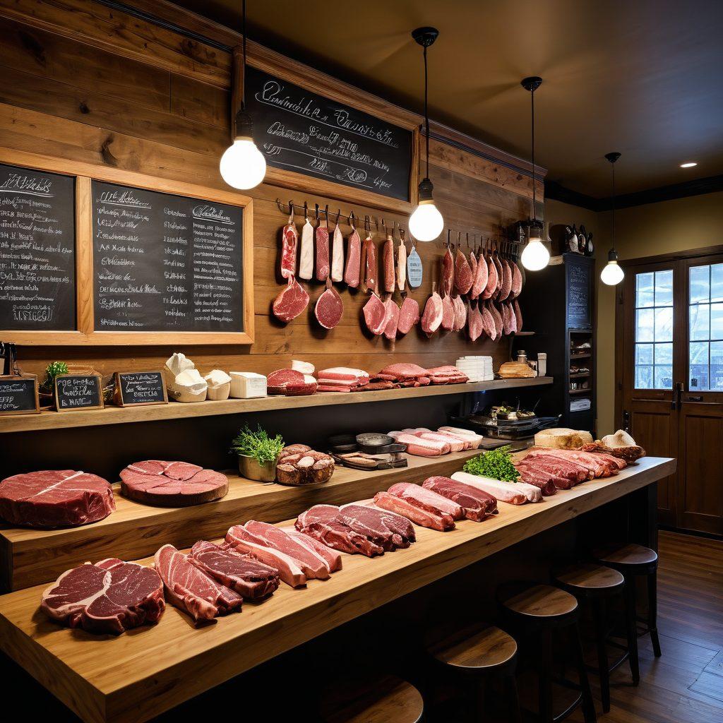 A skilled butcher at work in a rustic, warmly lit shop, showcasing a variety of gourmet cuts of meat and artisanal tools. Nearby, an elegant charcuterie board adorned with fresh herbs, fruits, and crafted meats provides a culinary backdrop. The atmosphere is inviting, hinting at traditional butchery techniques and gourmet preparation. Include a chalkboard menu displaying expert tips and techniques for meat lovers. super-realistic. warm tones. vintage style.